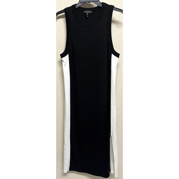 RAG & BONE Sam Black White Ribbed Sleeveless Slit Pencil Midi Dress Size S - Picture 2 of 9